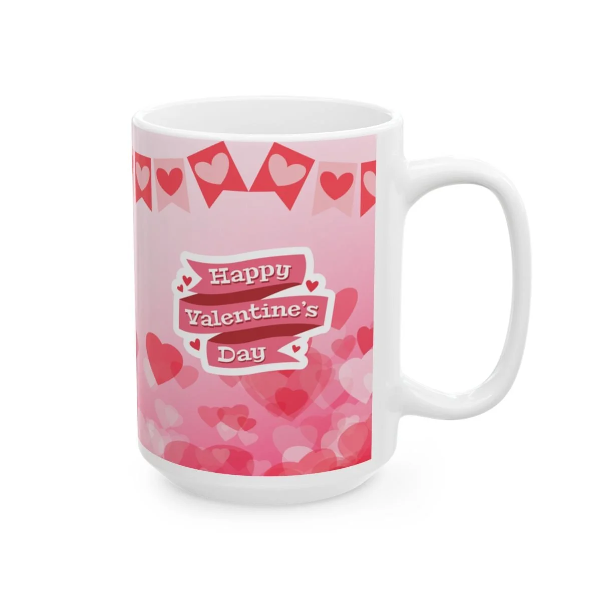 Valentine's-themed coffee mug with heart banner and bold text centerpiece.