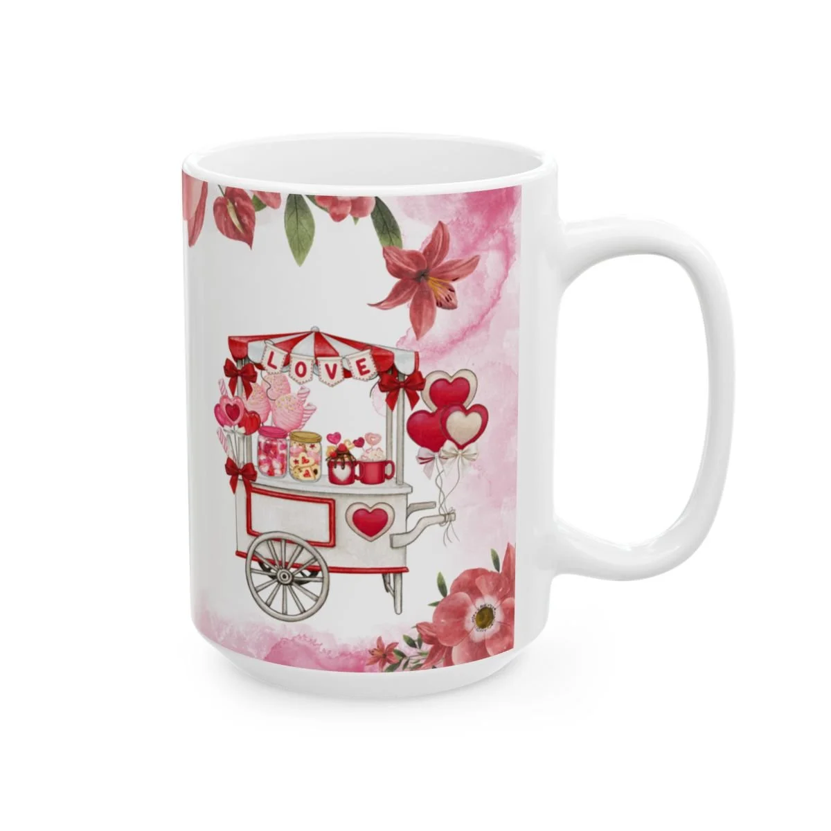 Love cart coffee mug with heart balloons and candy jars design.