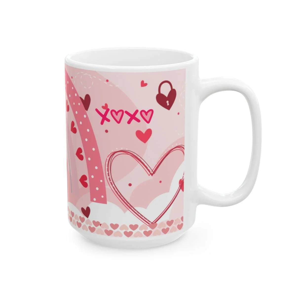 Heart rainbow coffee mug with pink rainbow and red heart accents.