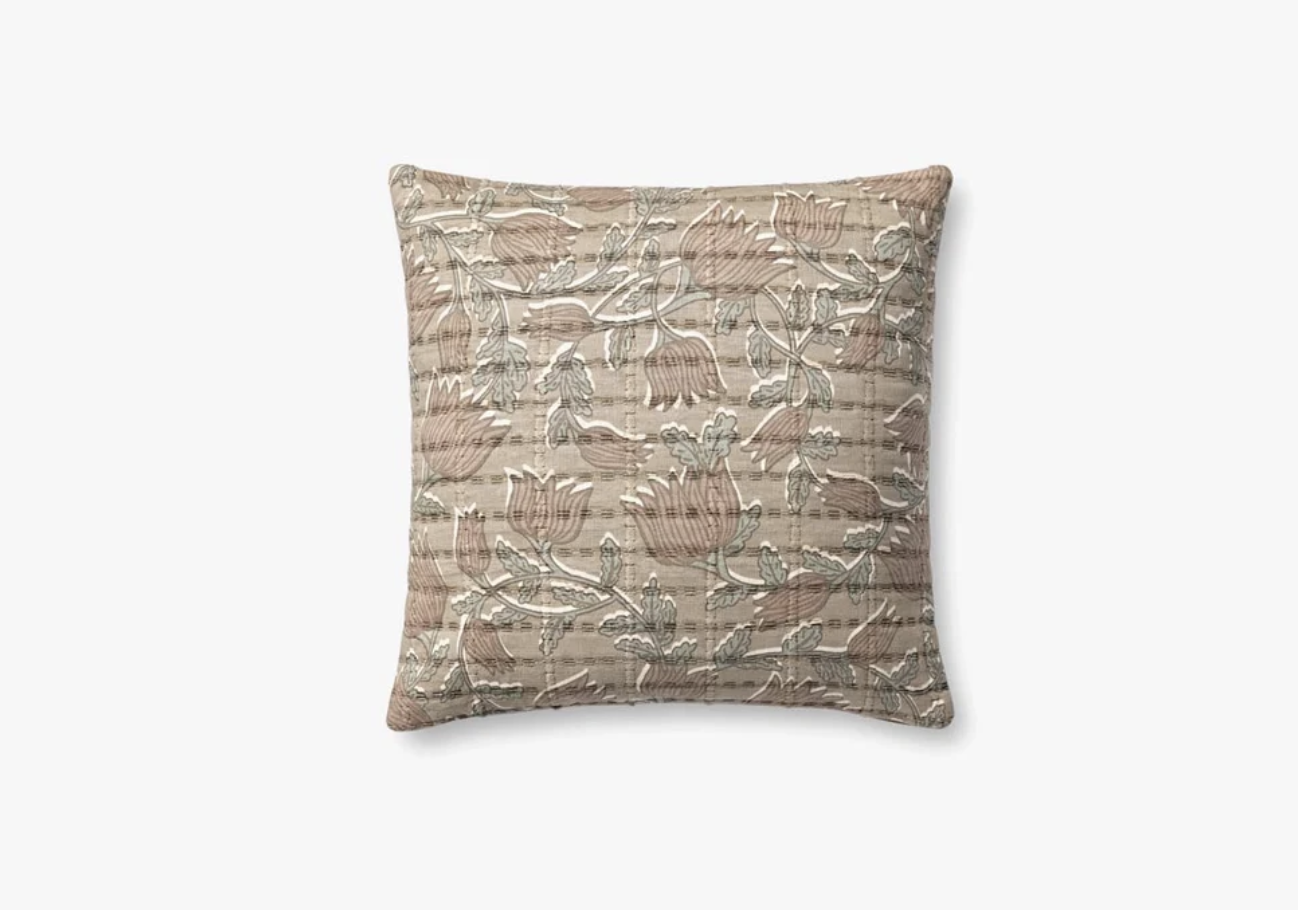Taupe/Rose Floral Throw Pillow