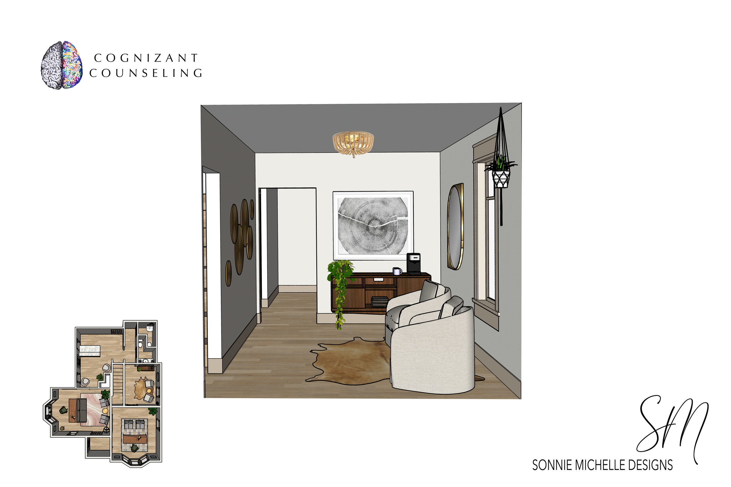 A digital rendering of a cozy living room with a beige armchair, wooden side table, potted plant, wall art, window with blinds, hanging plant, and decorative mirror, part of an interior design project by Sonnnie Michelle Designs.