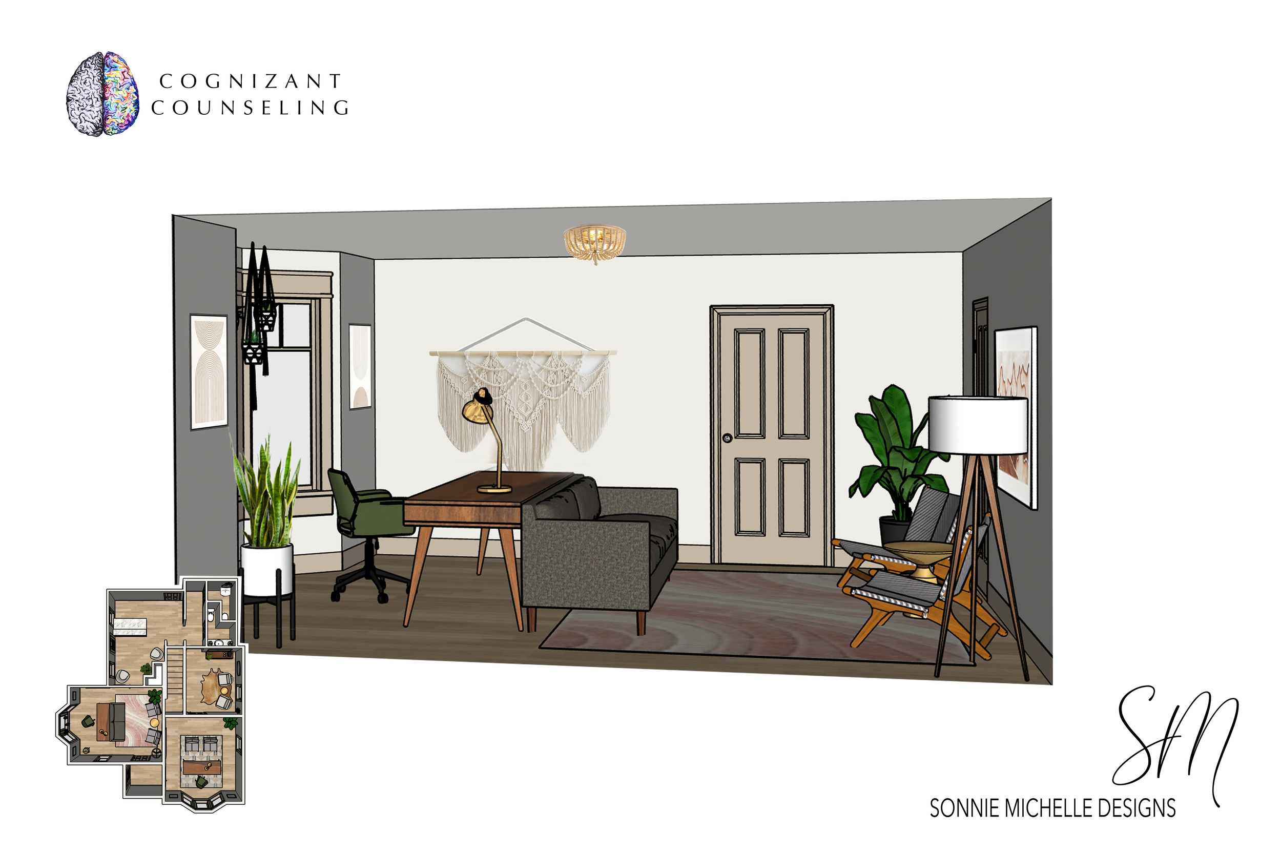 Interior design rendering of a living room with a white wall, gray door, green plants, a wooden desk with a black chair, a green lounge chair, a gray sofa, a wooden rocking chair, a white floor lamp, wall art, and a small layout diagram at the bottom