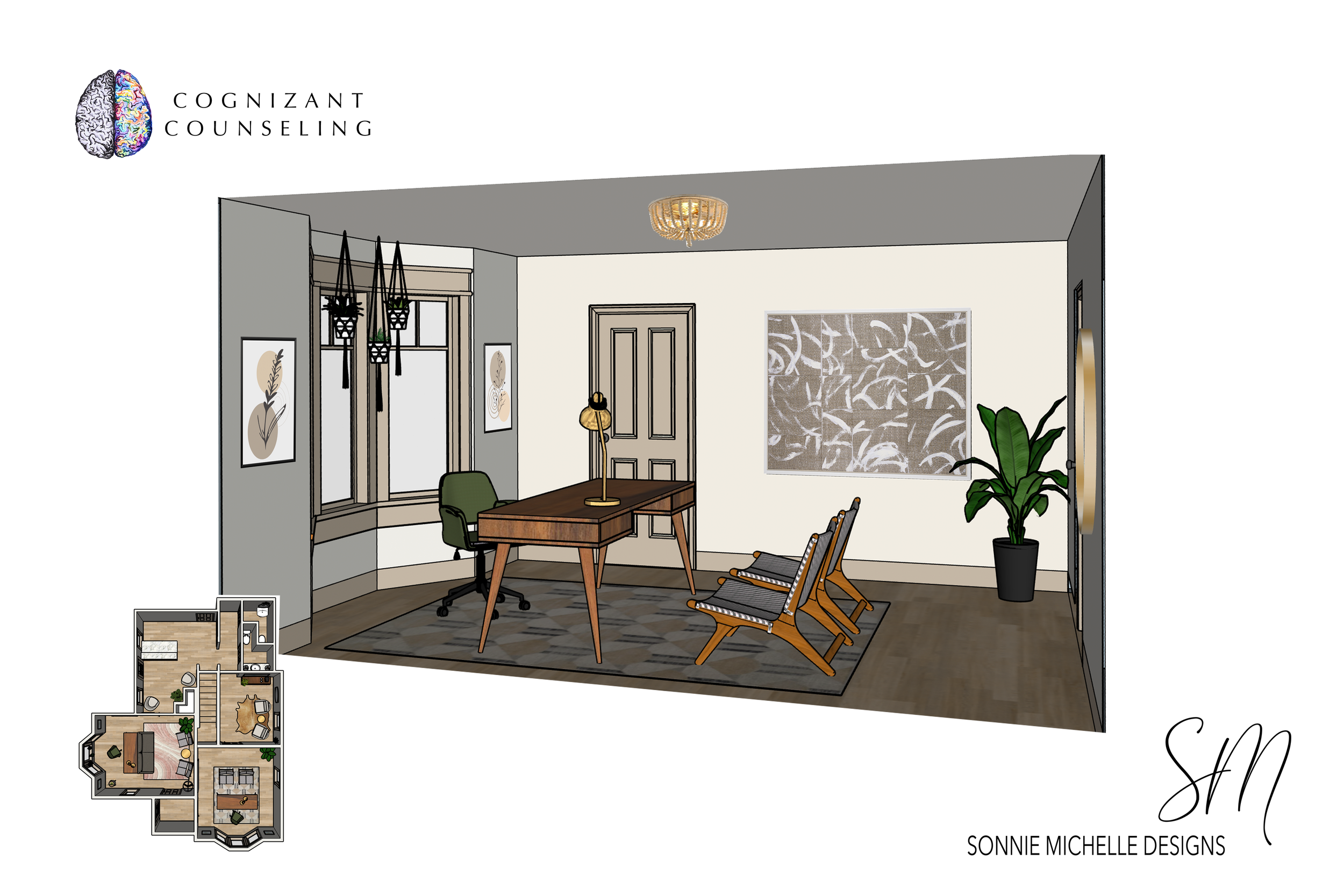 Interior design plan for an office with a desk, green office chair, two wooden chairs, potted plant, artwork on walls, window with hanging planters, and a small seating area in the corner.