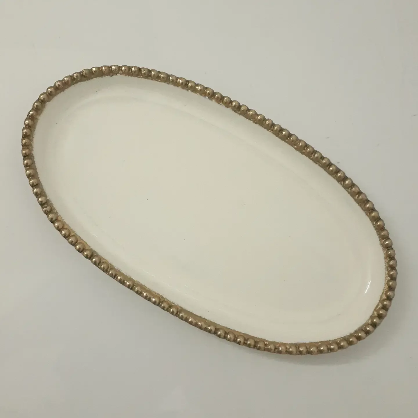 White and Gold Beaded Enamel Oval Tray
