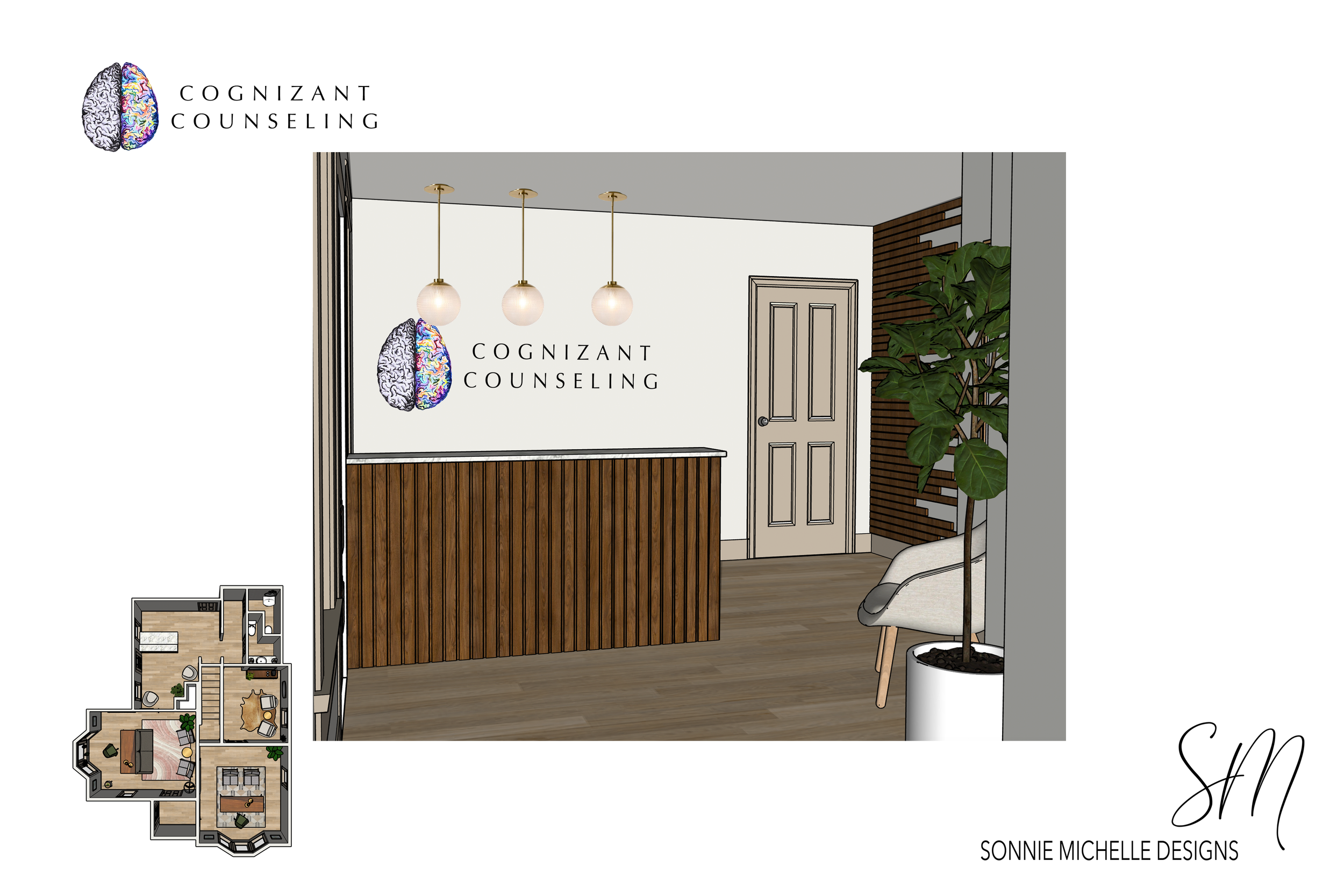 Interior reception area of Cognizant Counseling office with a wooden front desk, three hanging pendant lights, a white wall with the company logo and a decorative brain graphic, a door, and a potted plant next to a chair.