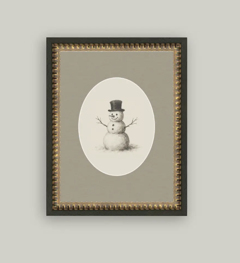 Oval Snowman Framed Antique Art