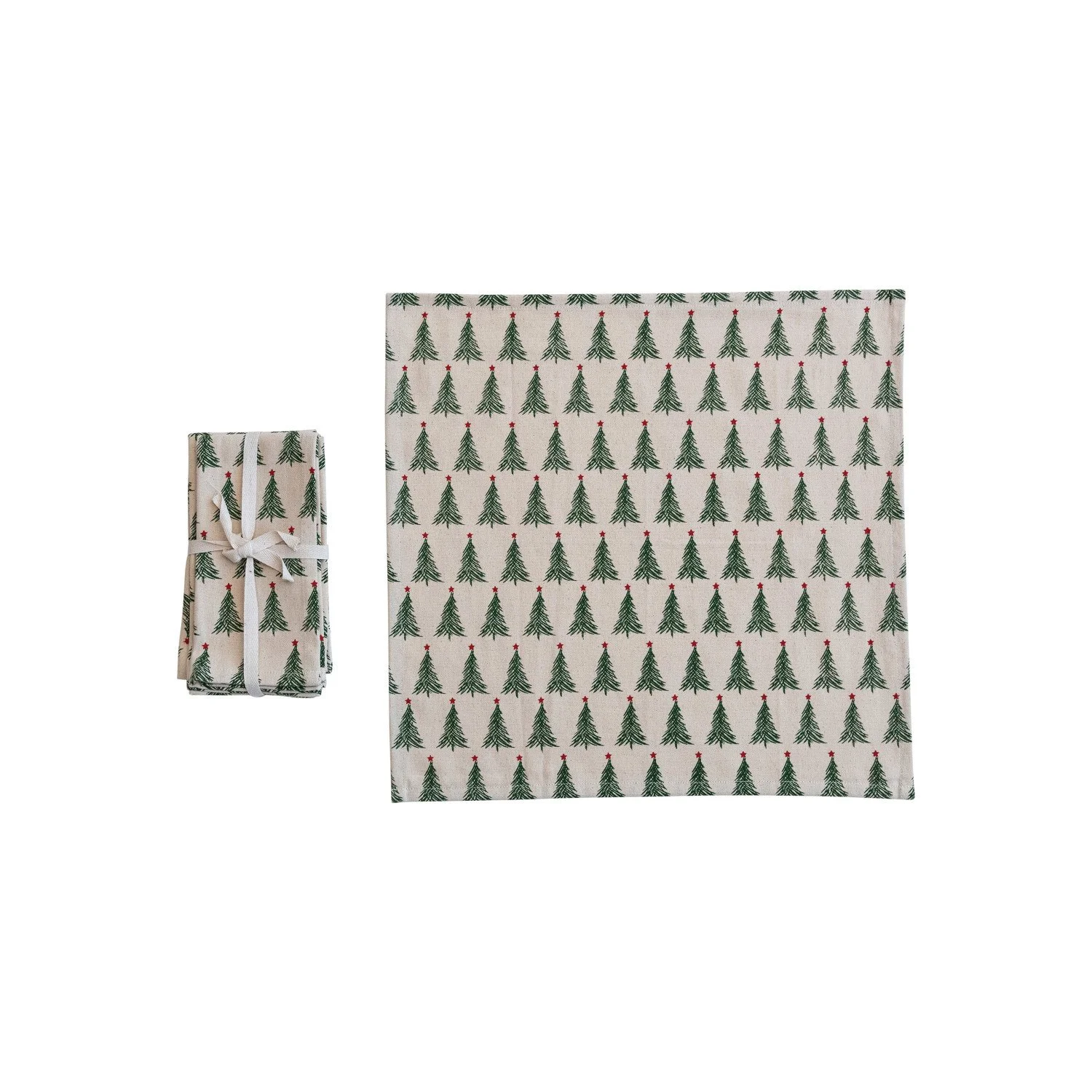 Stonewashed Cotton Printed Napkins with Christmas Tree Pattern, Set of 4