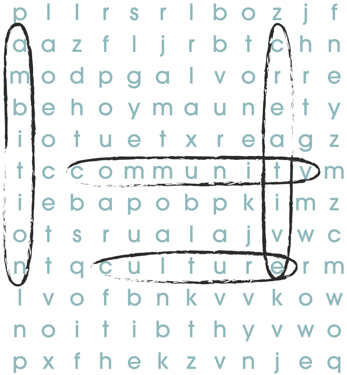 Word search graphic highlighting 'community' and 'culture' representing The Intersection, Aaliyah Taylor's newsletter on creative work and culture
