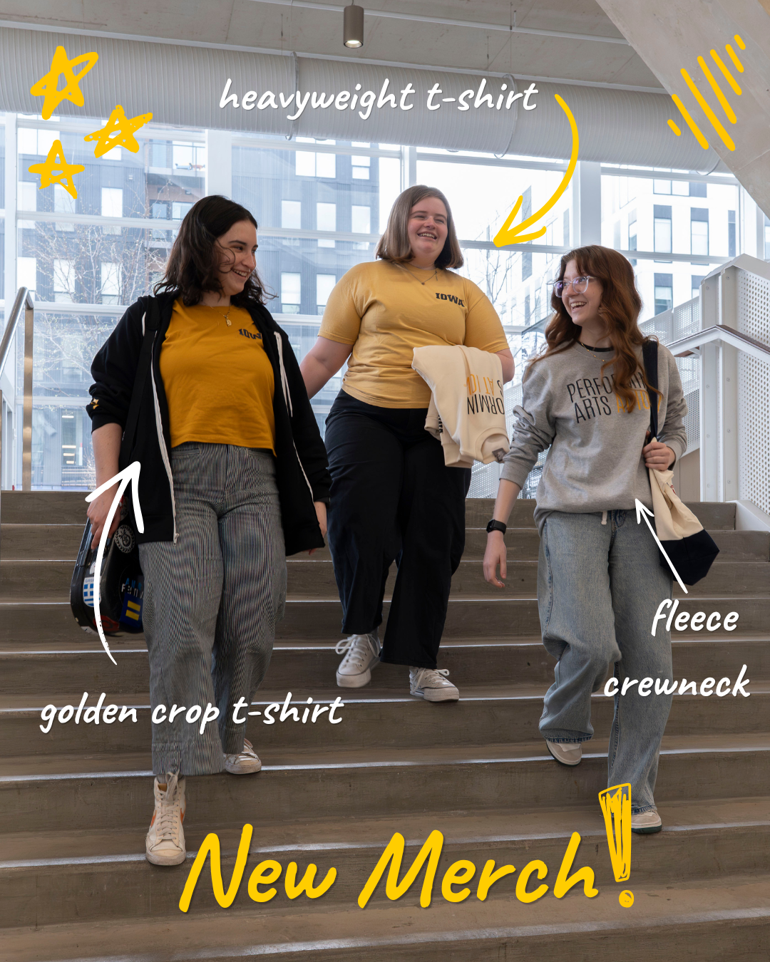 Performing Arts at Iowa Merch highlight, graphics and post made by Harper Robbins