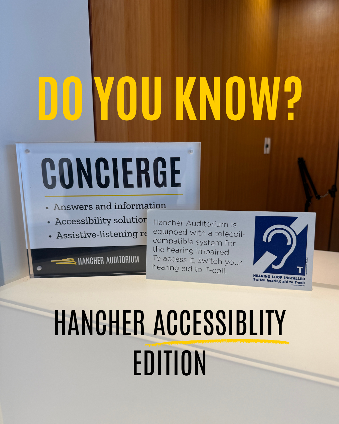 An educational carousel focused on showing accessibility in Hancher Auditorium. Photo coverage, research, approval, and editing by Harper Robbins