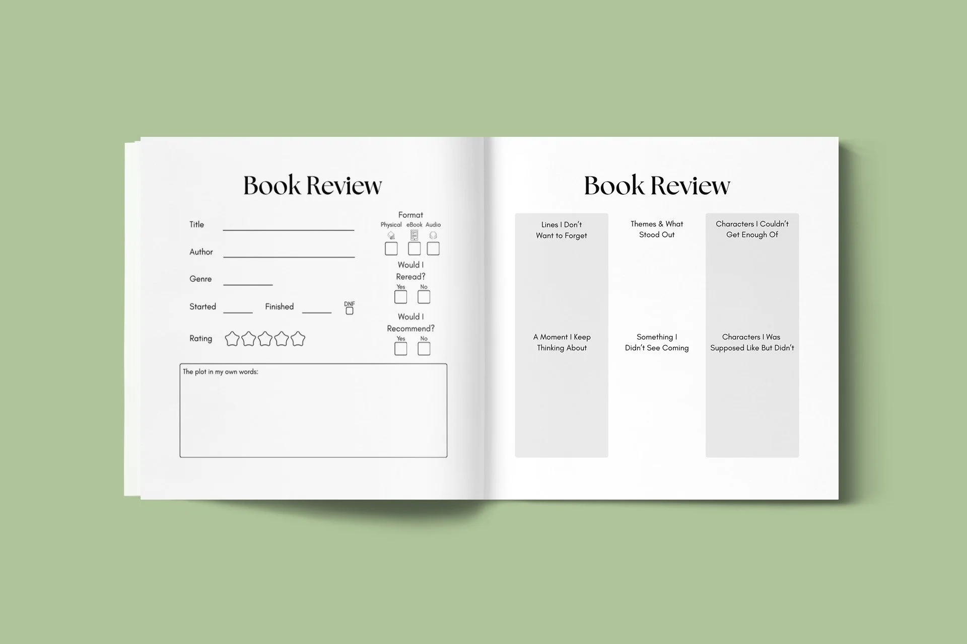 Book review pages from Grateful Heart Company's Reading Journal.