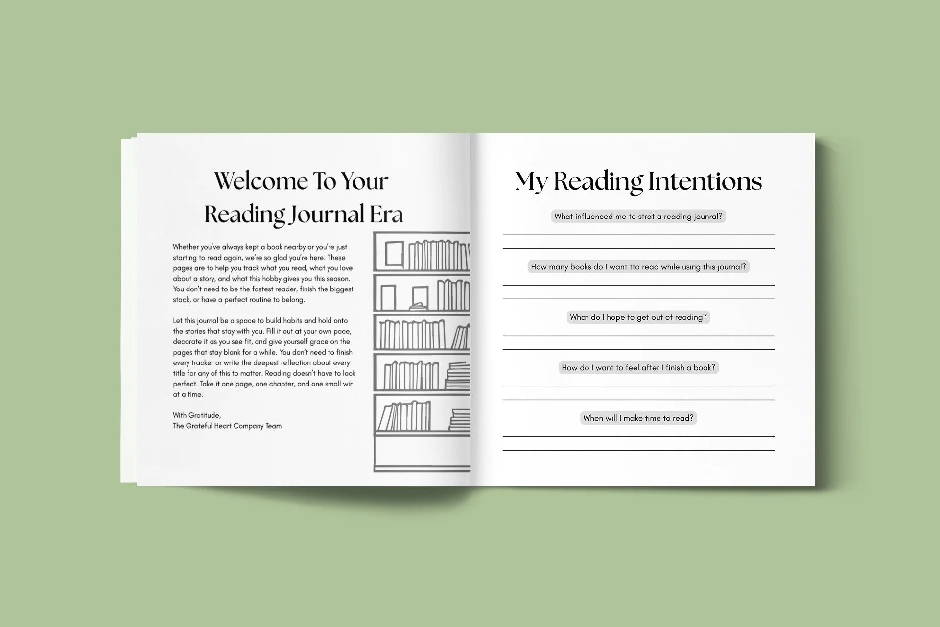 Reading intention questions from Grateful Heart Company's Reading Journal.