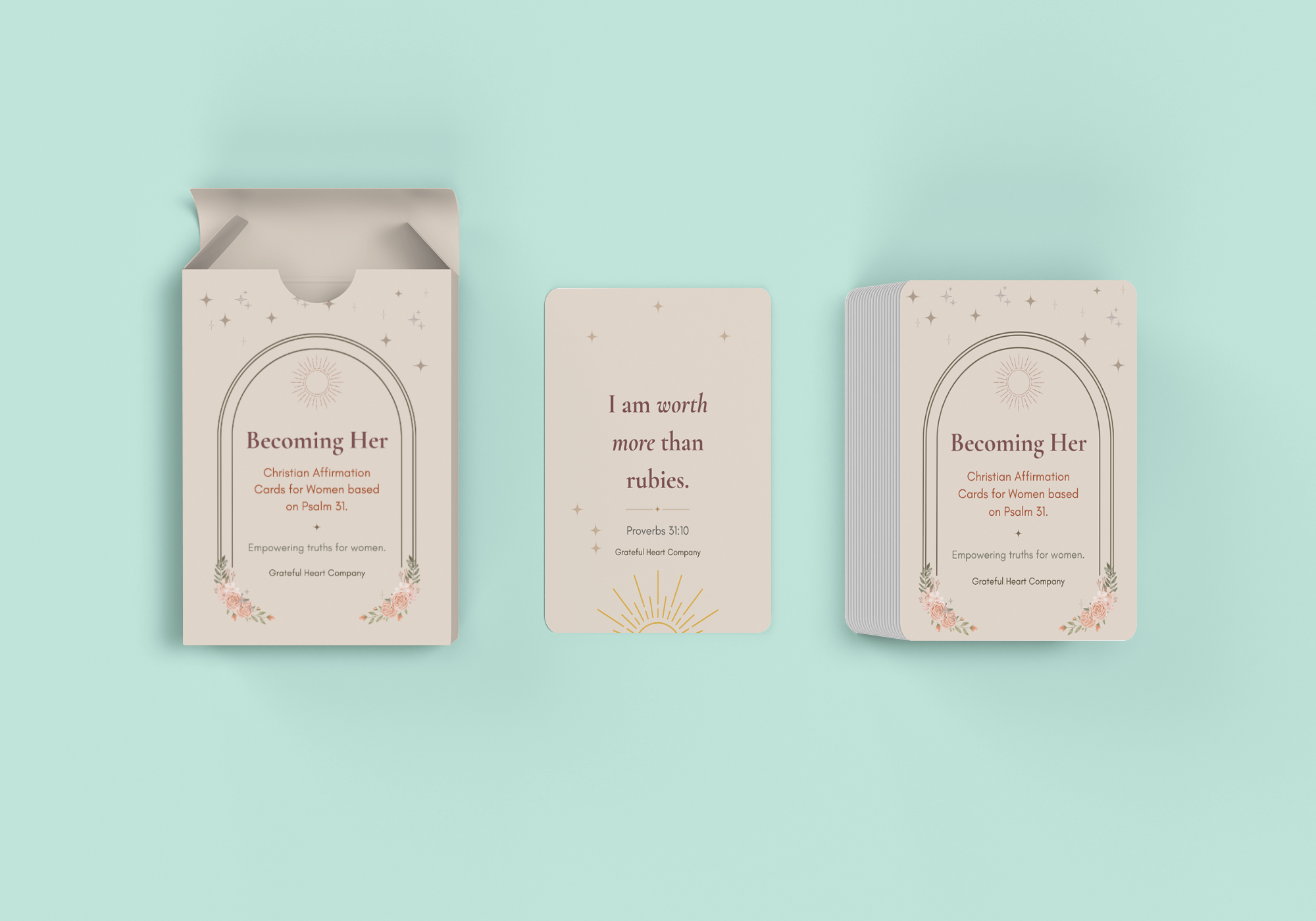 Christian affirmation cards for women sold by Grateful Heart Company, a n affirmation company.