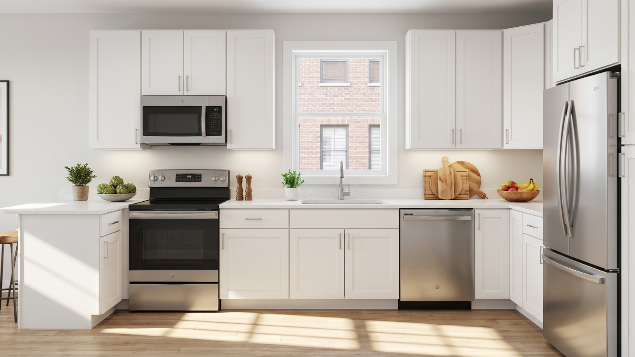 Modern kitchen with black cabinetry, stainless steel refrigerator, microwave, oven, marble countertop island, three wooden bar stools, hardwood flooring, black pendant lights, and a black and white mountain landscape picture on the wall.