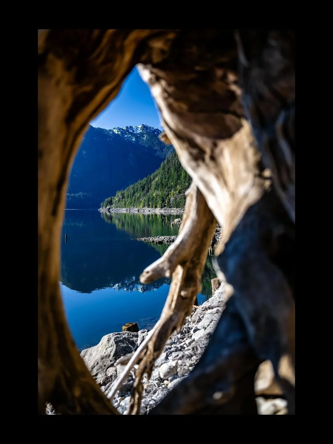 Framed by weathered driftwood, the lake holds the mountains in perfect reflection&mdash;snow along the ridgeline, evergreens descending to the shoreline, and water so still it feels suspended in time. A quiet window into the backcountry.

#MountainLa
