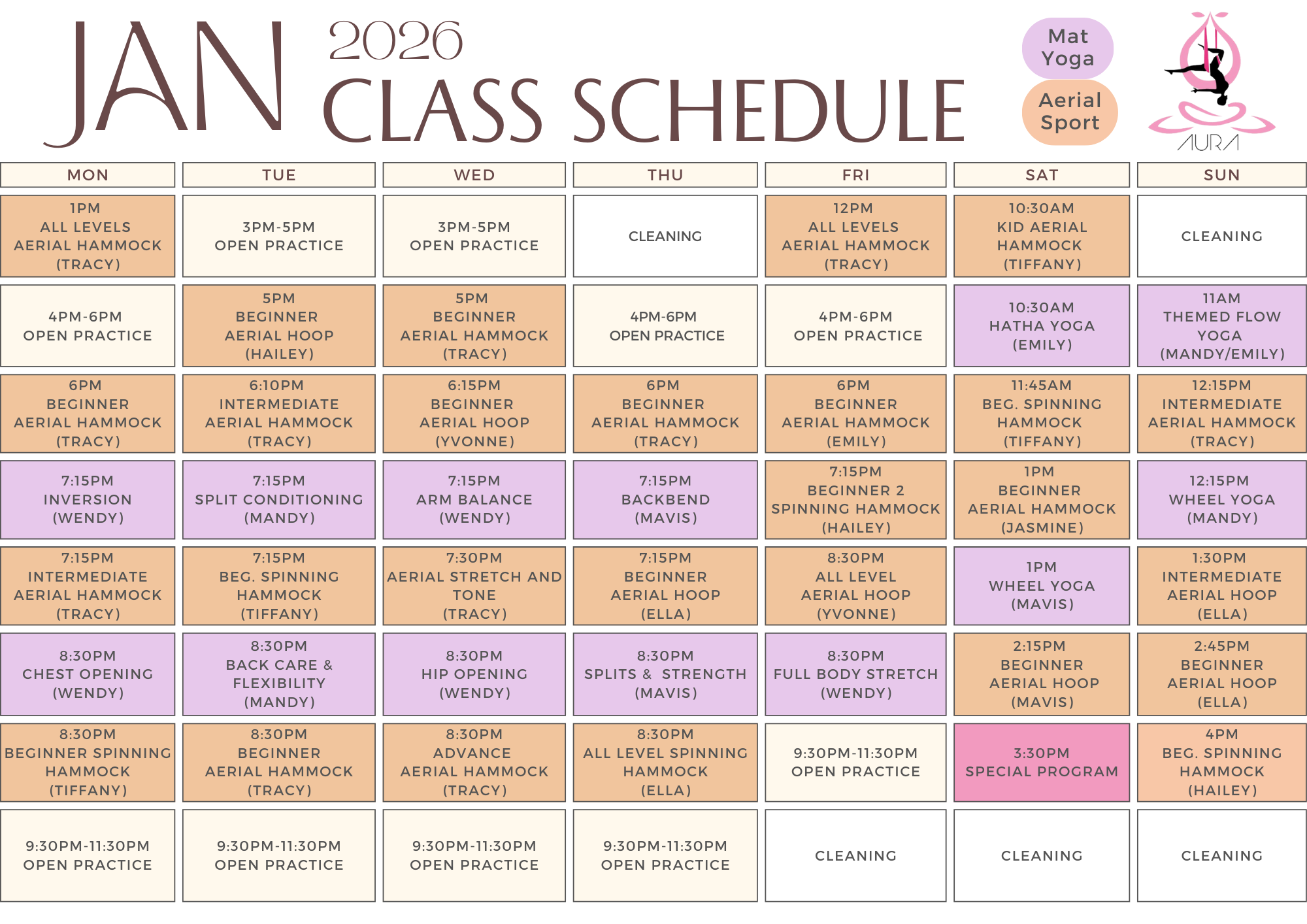 Jan 2026 Aura Aerial Art Centre Schedule 