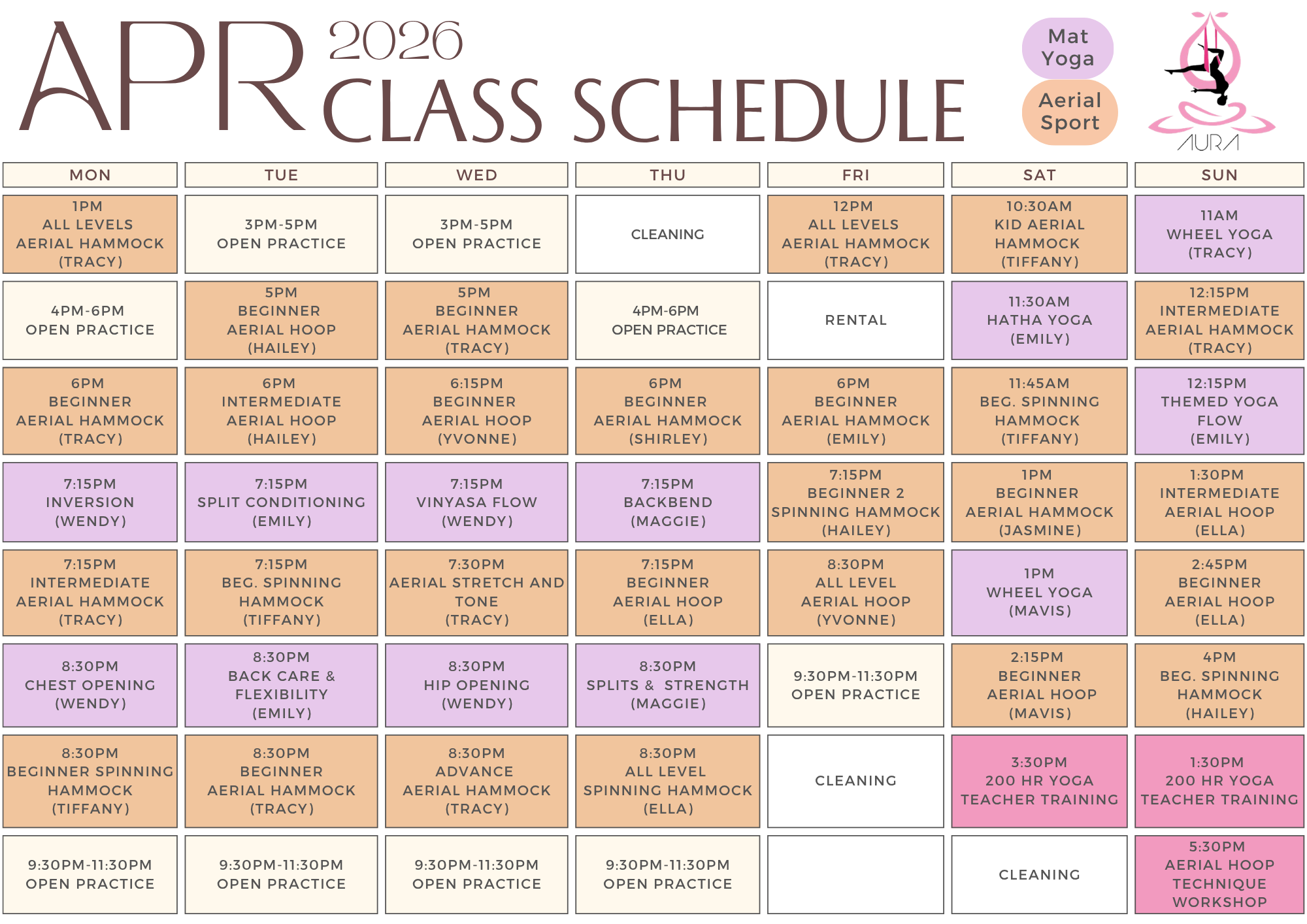 April Schedule Aura Aerial Art Centre