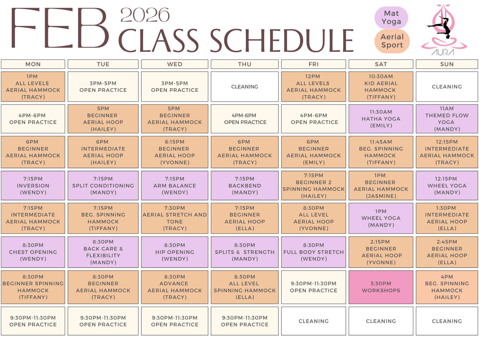 Feb 2026 Aura Aerial Art Centre Schedule 