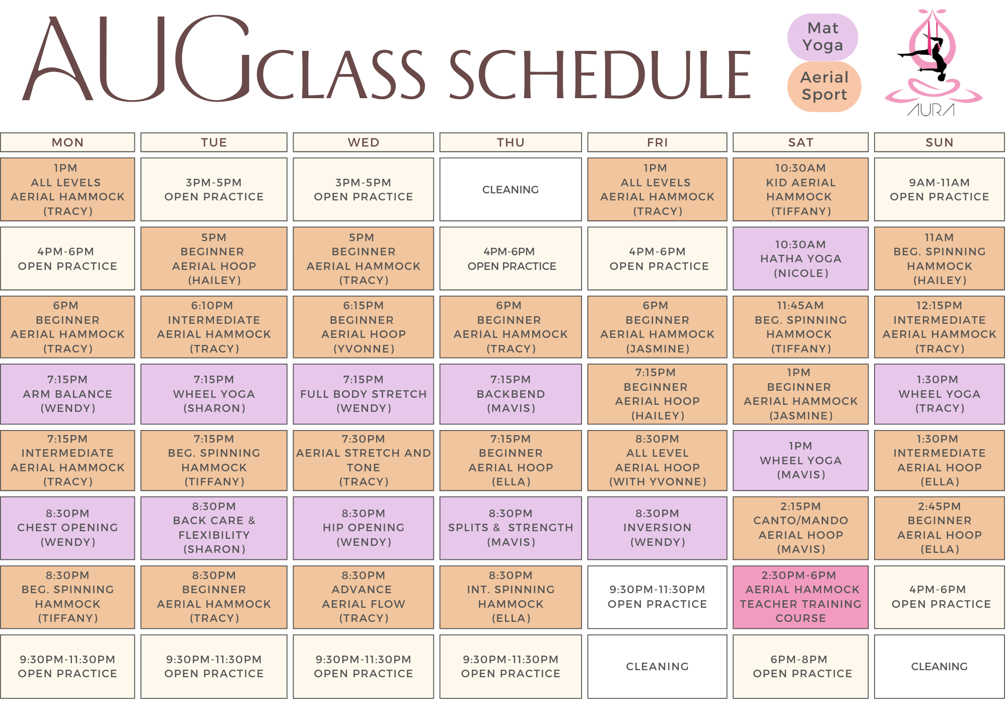 August Schedule Aura Aerial Art and Yoga