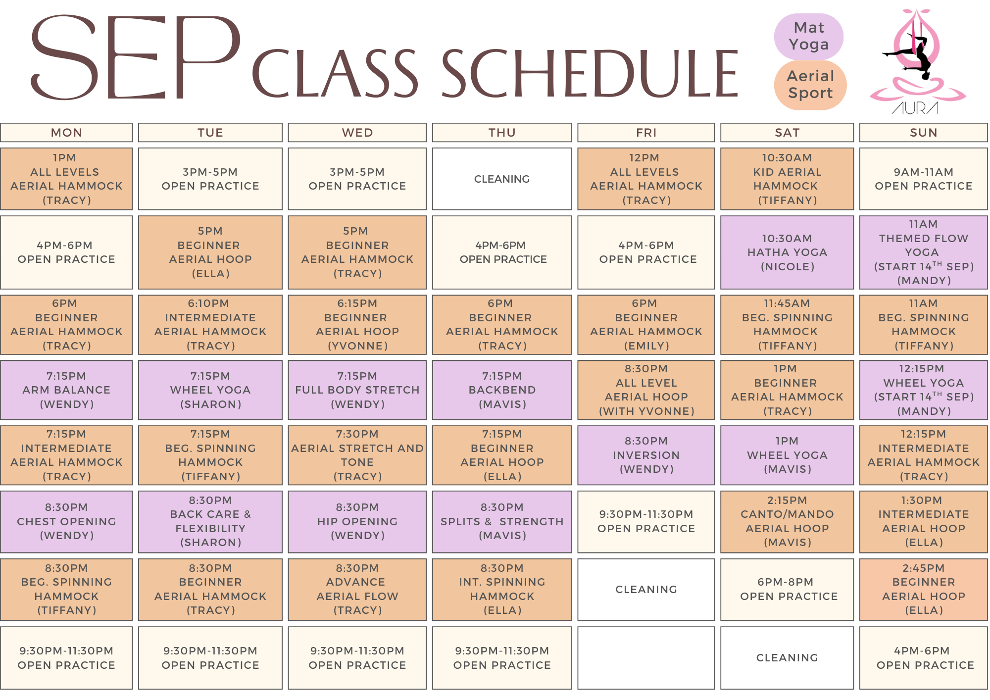 September Schedule Aura Aerial Art Centre