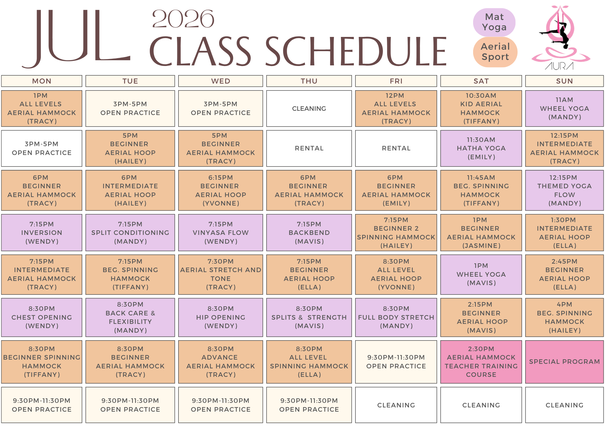 July 2026 Aura Aerial Art Centre Schedule