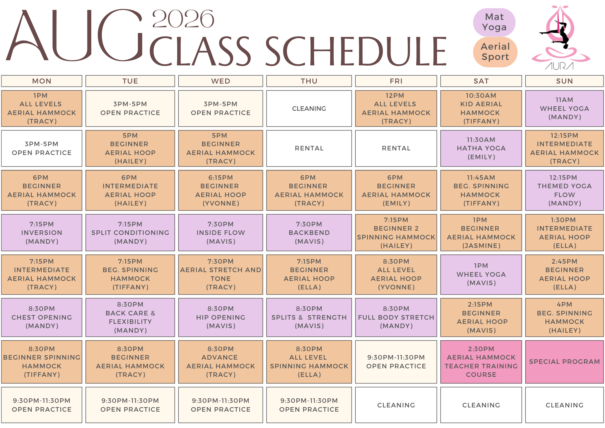 August 2026 Aura Aerial Art Centre Schedule
