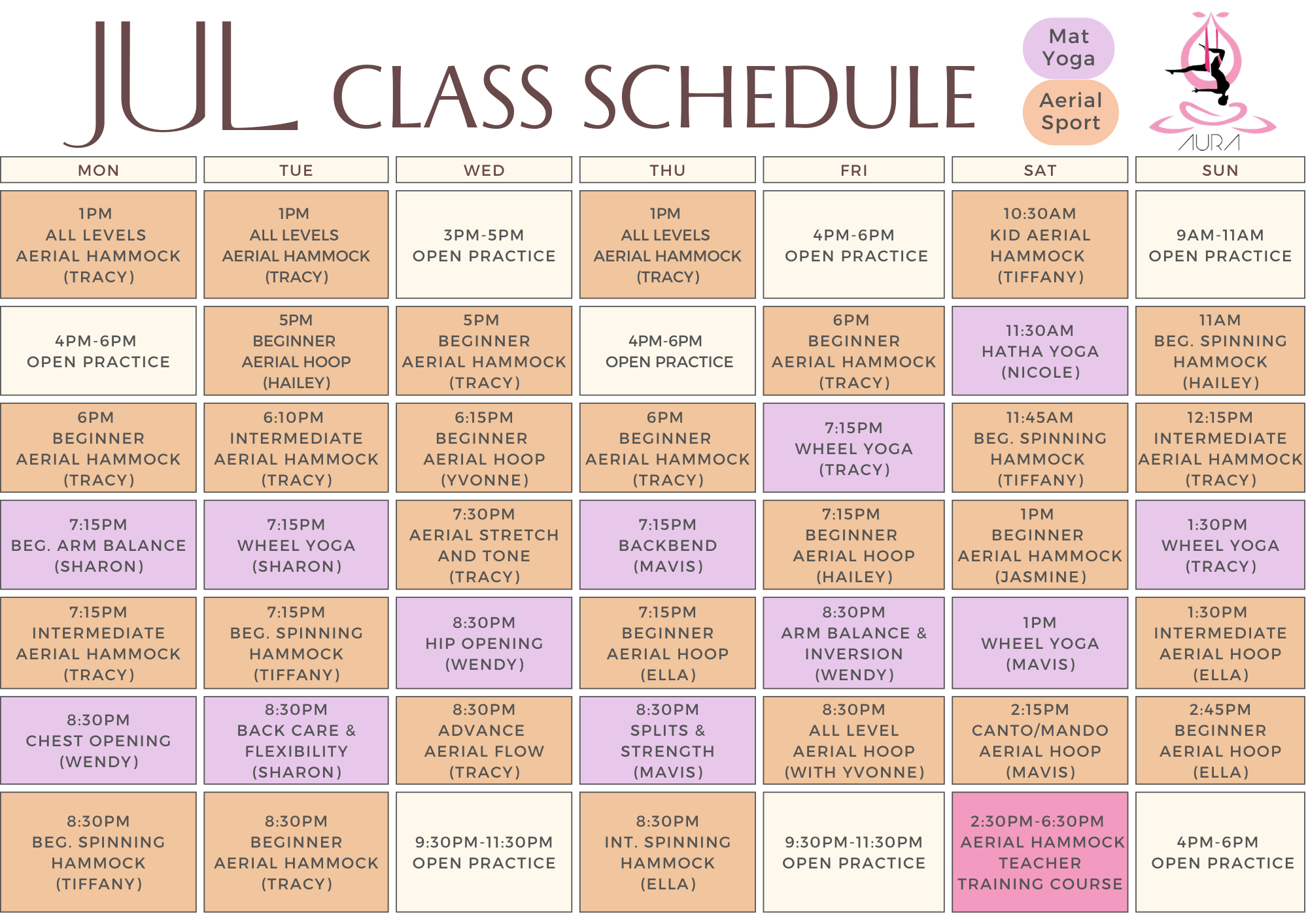 July Schedule Aura Aerial Art Centre