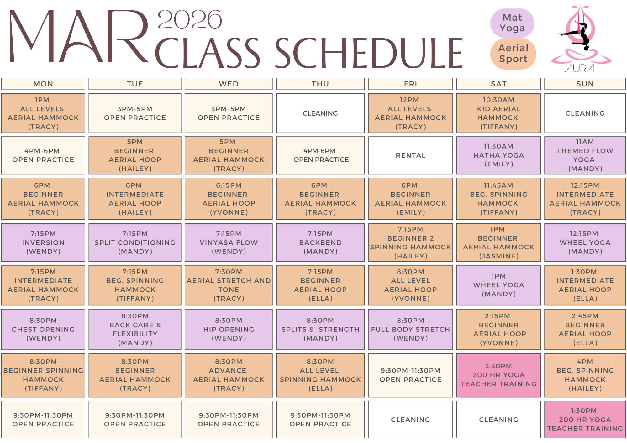 March 2026 Aura Aerial Art Centre Schedule 