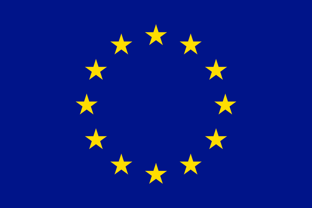 Europäische Flagge mit 12 goldenen Sternen auf dunkelbluem Hintergrund.