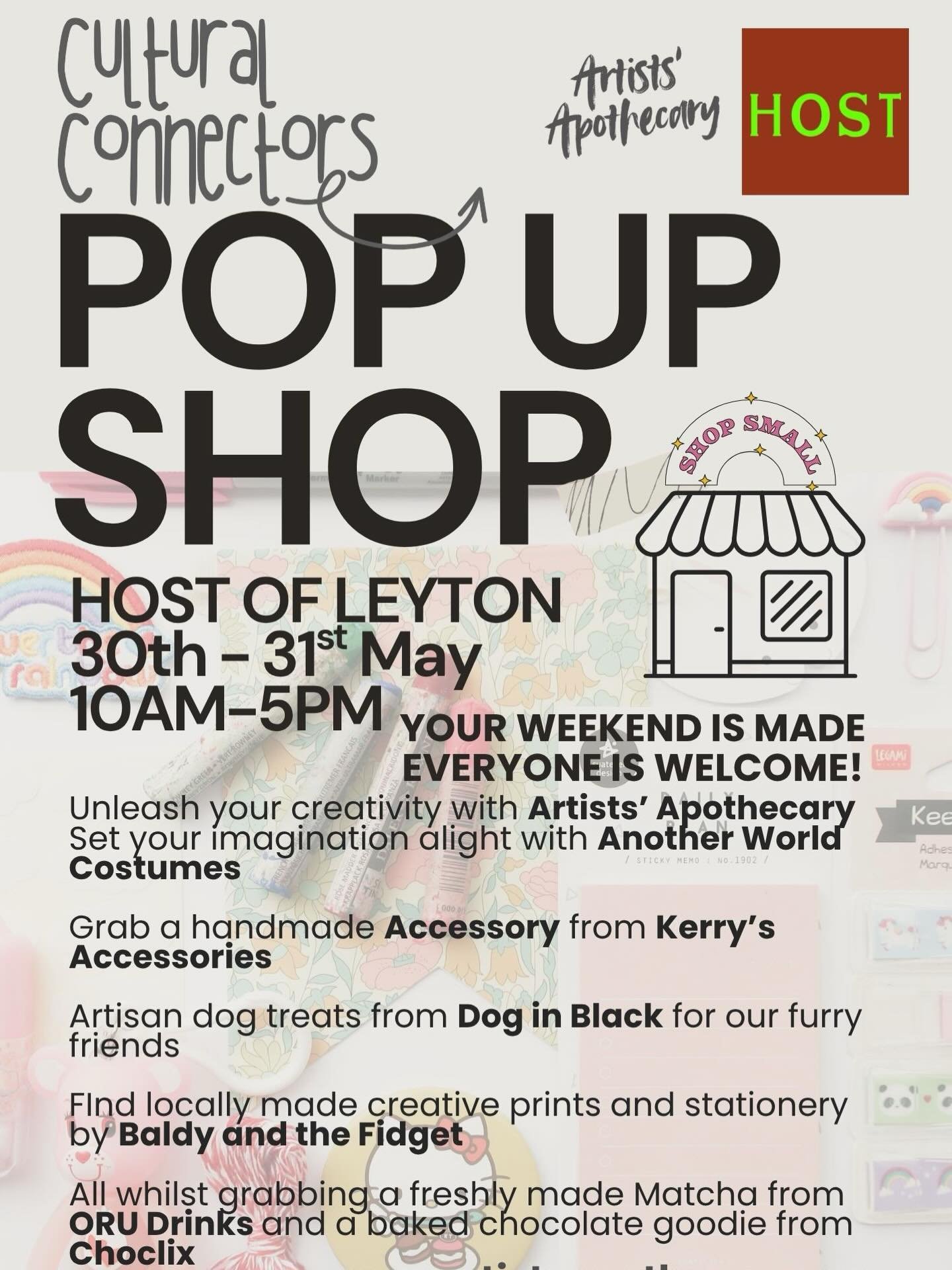 Cultural Connectors Pop Up Shop at Host of Leyton
Your weekend plans just sorted themselves. 🛒✨
The Cultural Connectors Pop Up Shop is coming to Host of Leyton this Bank Holiday weekend, and it is going to be a good one.
Come and find:
Artists&rsquo