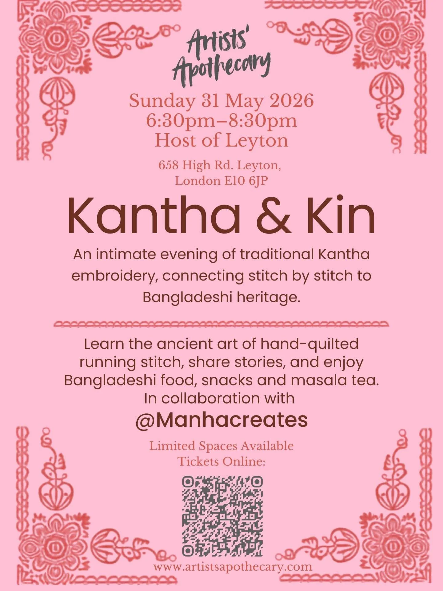 Stitch by stitch, thread by thread &ndash; Kantha and Kin is an intimate cultural evening celebrating the ancient Bangladeshi art of Kantha embroidery, a tradition of hand-quilted running stitch passed down through generations.
Join us at the beautif
