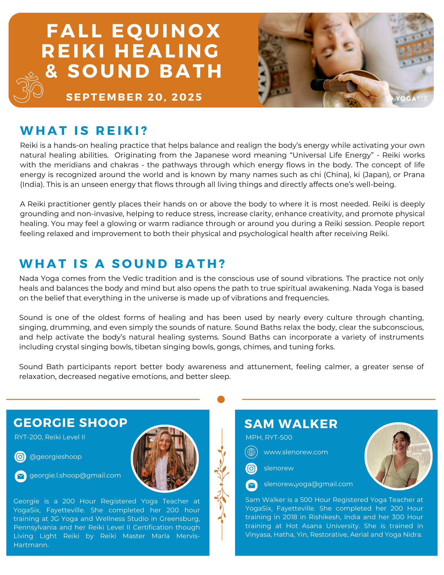 A promotional flyer for a Fall Equinox Reiki Healing and Sound Bath event scheduled for September 20, 2025. The flyer features a woman lying down with eyes closed, receiving a Reiki treatment, and text explaining Reiki, sound baths, and details about the event. It includes profiles of two yoga instructors, Georgie Shoop and Sam Walker, with their photos, credentials, and contact information.