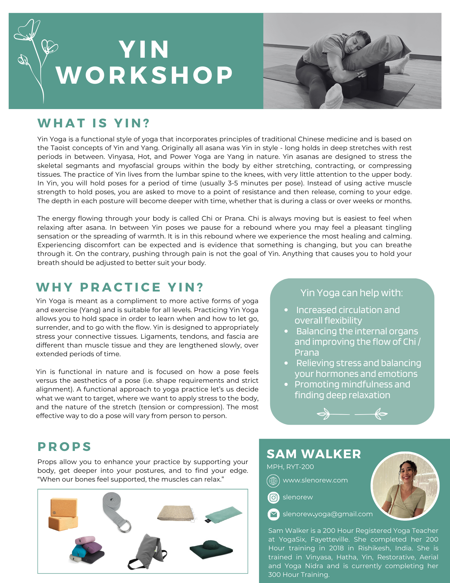Information sheet about Yin Yoga workshop features a photo of Sam Walker, yoga teacher, with contact details and qualifications.
