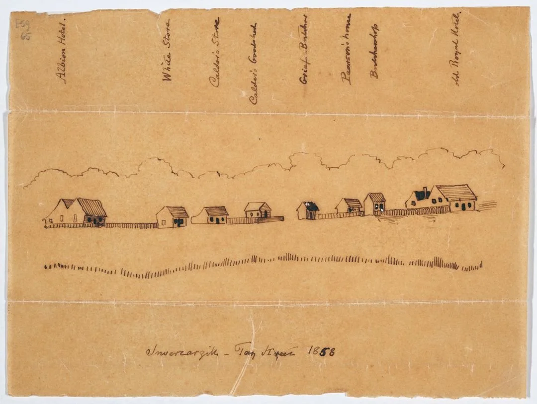 The Albion Hotel (first building) was also known as Lind's Accommodation House.

Mantell, Walter Baldock Durrant (Hon), 1820-1895. Artist unknown :Invercargill; Tay Street. 1858.. Douglas, Charles Edward 1840-1916 :[Mountain and West Coast Sketches. 