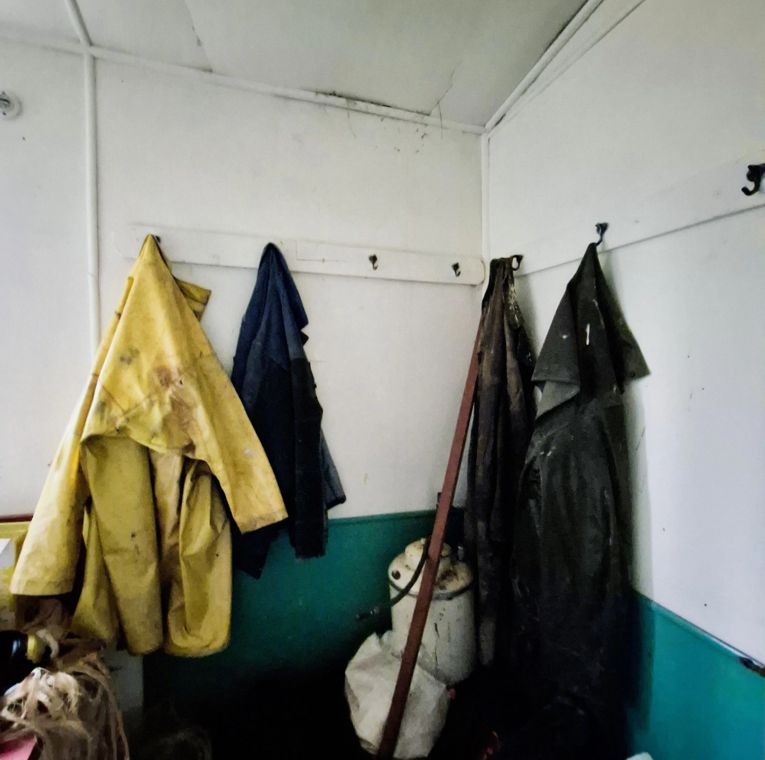 The Stripper Feeder Jacket (second on left) still hangs in the Otaitai Bush Templeton Flaxmill smoko room, from when the mill closed at the end of Dec 1971.