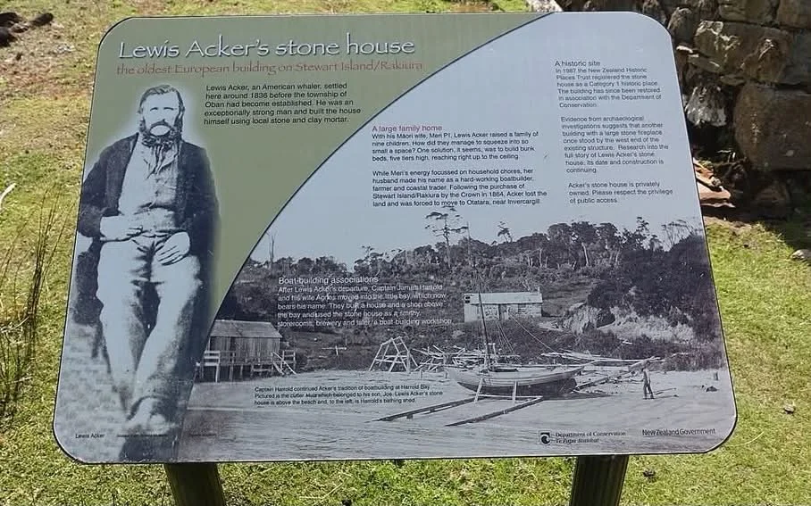 Captain Harrold continued Acker's tradition of boatbuilding at Harrold Bay. Pictured is the cutter Huia which belonged to his son, Joe. Lewis Acker's stone house is above the beach and, to the left, is Harrold's bathing shed.