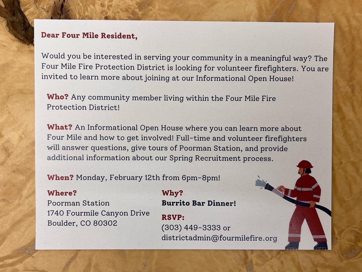 Tonight is our Spring 2024 Volunteer Open House! Swing by Poorman Station from 6pm-8pm to learn more about volunteer opportunities with Four Mile! Crewmembers and volunteers will be around to answer questions about roles and responsibilities, trainin