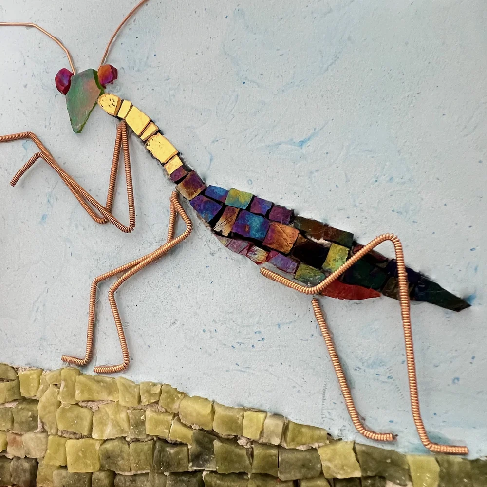 Iridescent and gold praying mantis mosaic — Kimberly MacDonald Mosaics