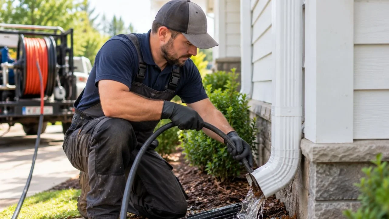 Professional gutter cleaning technician flushing a residential downspout with a hose to remove water and debris.