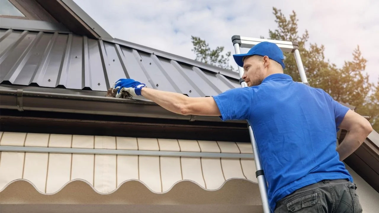 Man cleaning debris from a residential gutter while standing on a ladder beside a metal roof.