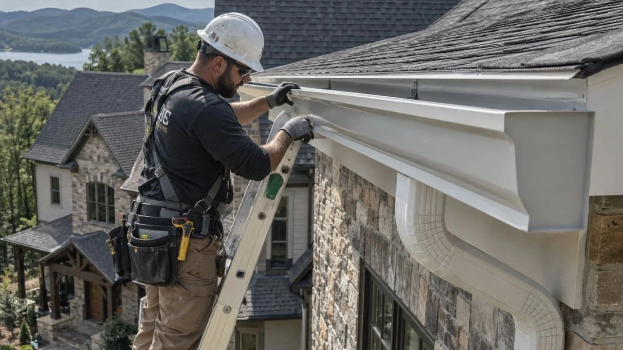 Gutter installer fitting a white seamless gutter and downspout on a North Georgia home.