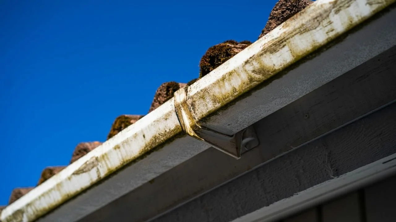 Dirty clogged roof gutter filled with debris that can cause leaks and overflow.