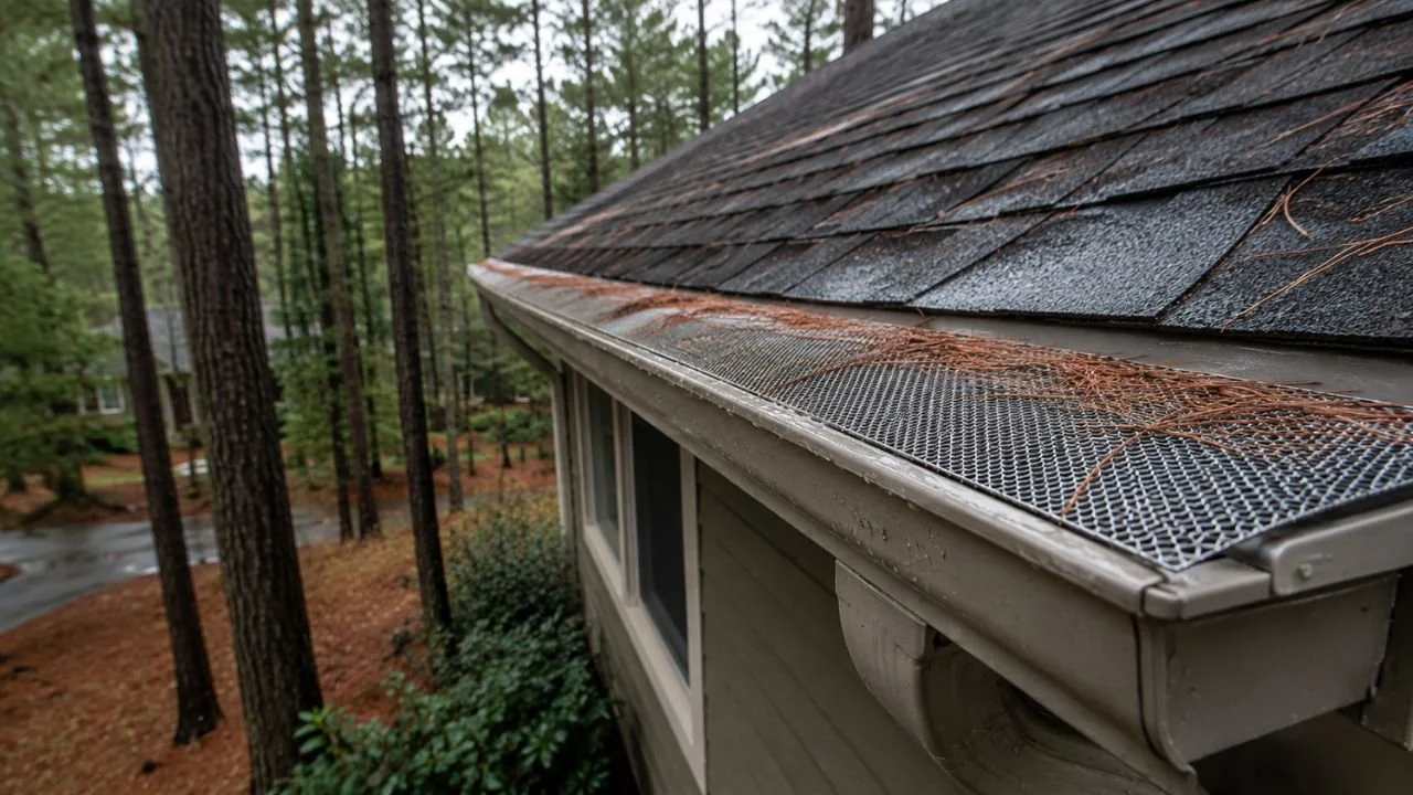 Gutter guard blocking pine needles after rain.