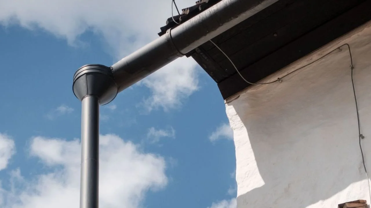 Black gutter downspout connected to roof drainage on a white exterior wall.
