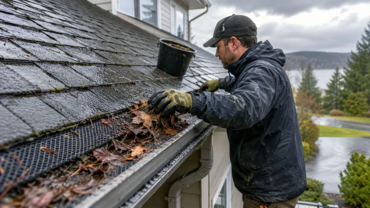 Professional worker clearing wet leaves and debris from gutter guards on a residential roof to prevent water damage. 