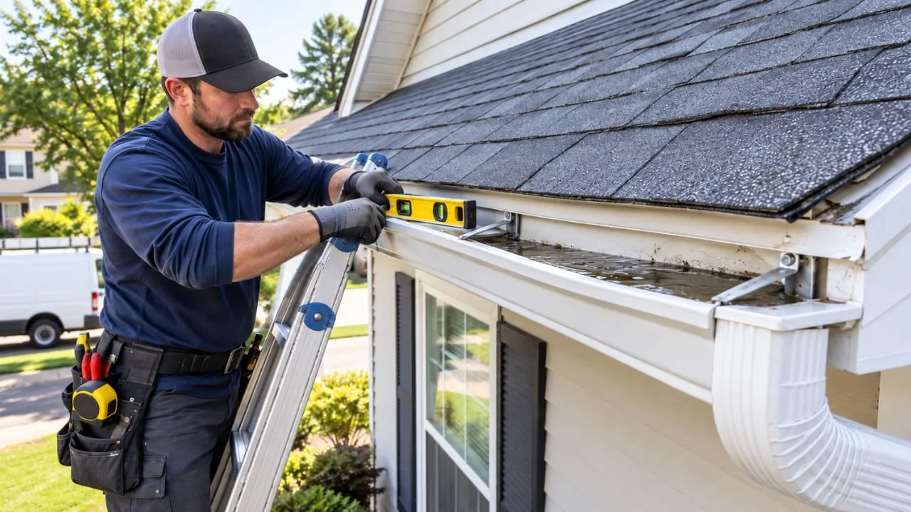 Professional checking gutter slope and alignment with a level to prevent water overflow.