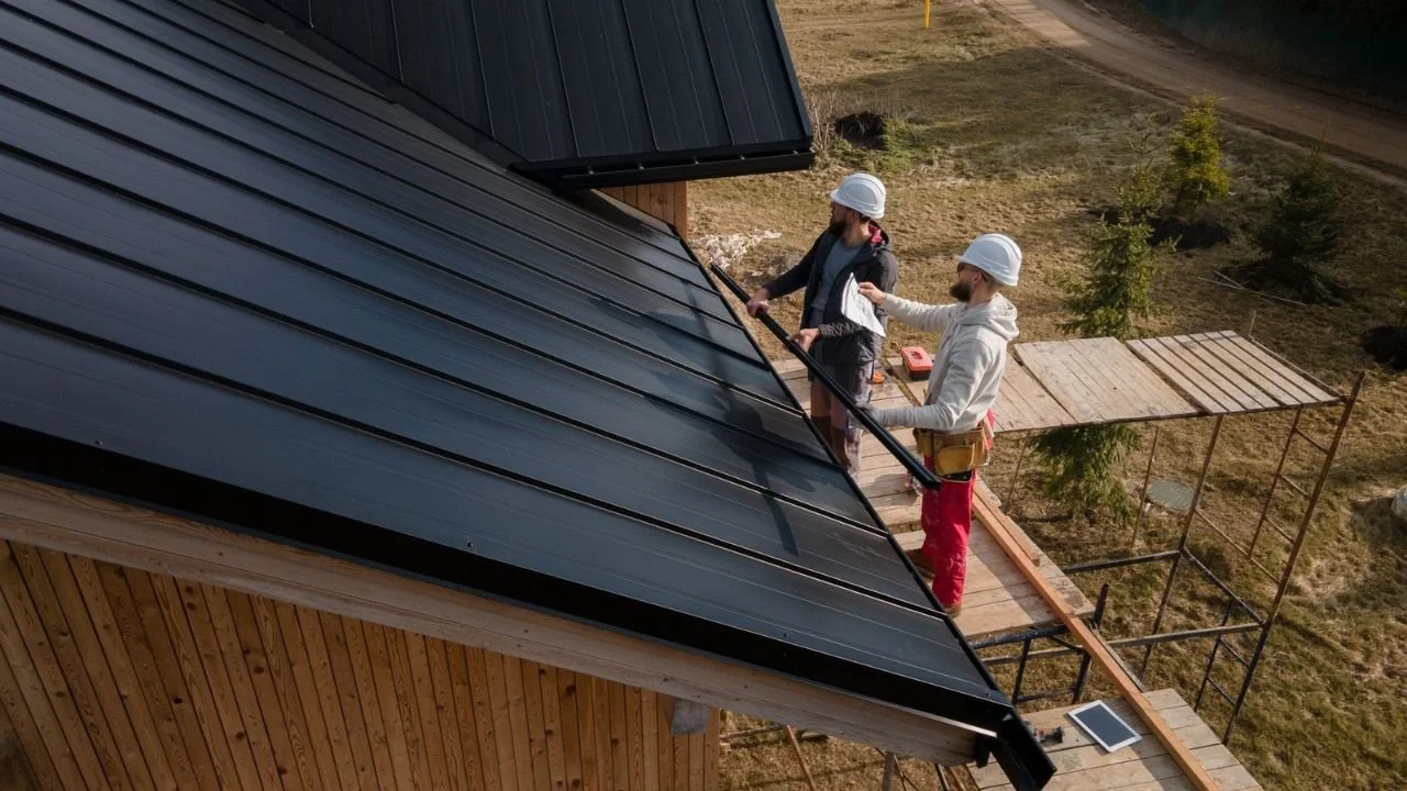 Roofers working on a residential roof to install or inspect gutters for proper rainwater drainage.