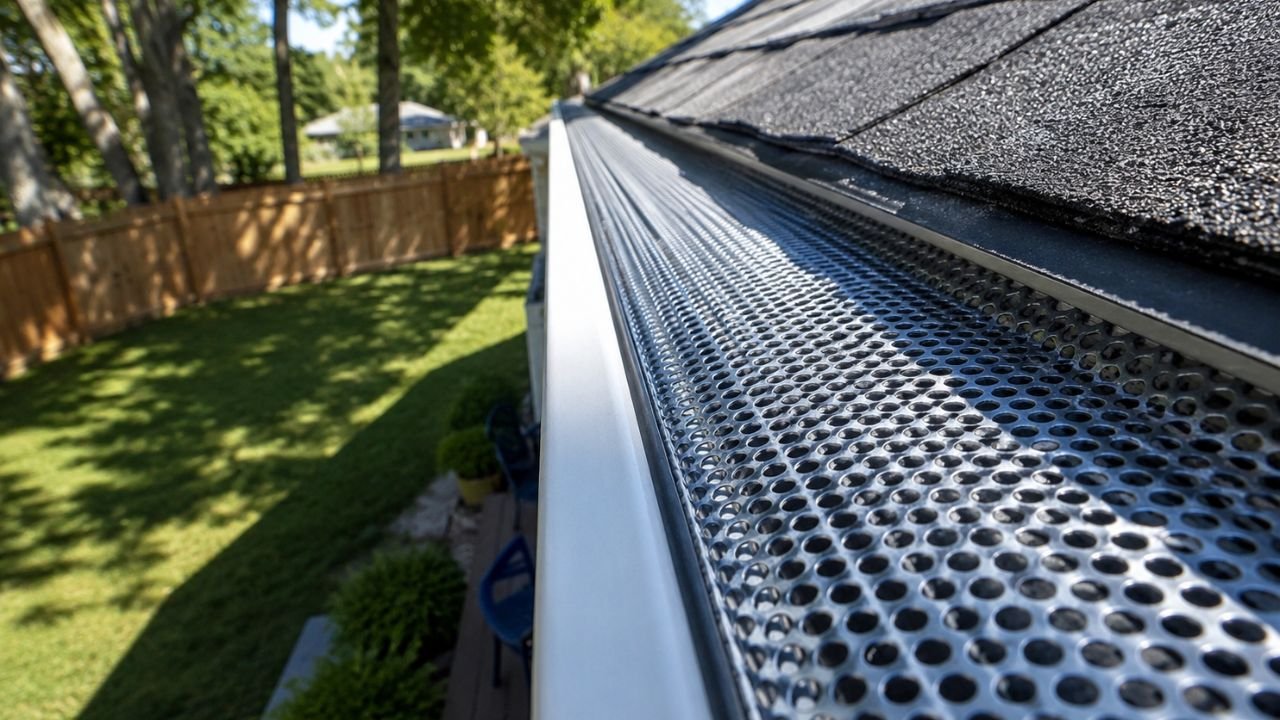 Gutter guard system protecting a home from rainwater overflow and debris buildup. 