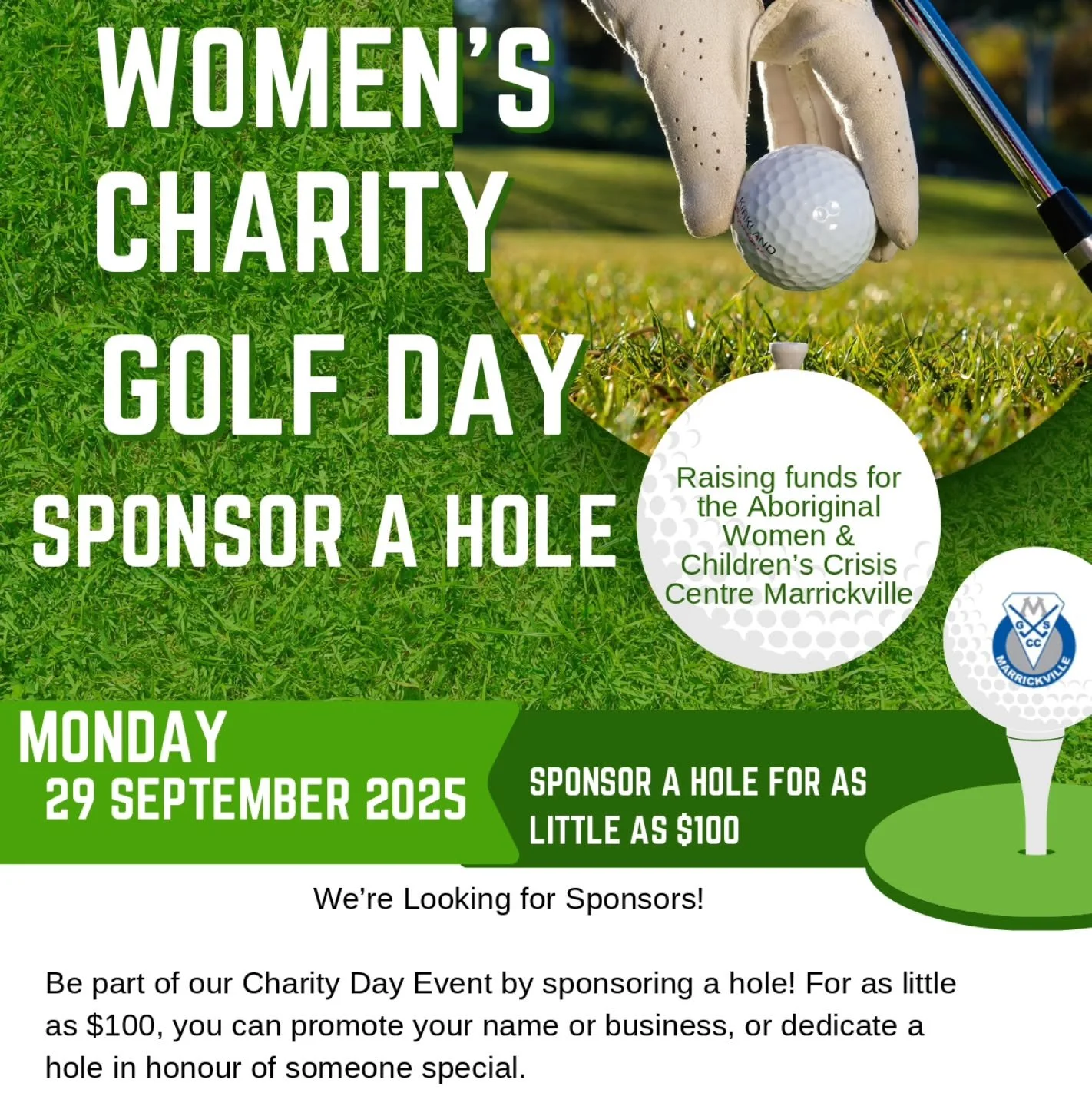 ⛳️💚 Calling All Sponsors! 💚⛳️
Join us at Marrickville Golf Club for our Women&rsquo;s Charity Golf Day on Monday, 29 September 2025!

We're raising vital funds for the Aboriginal Women &amp; Children&rsquo;s Crisis Centre Marrickville &ndash; and y