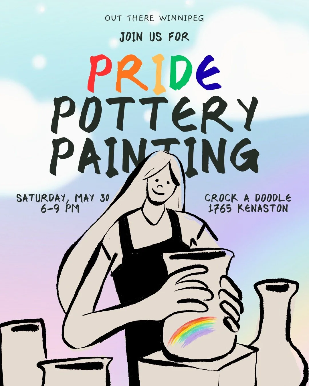 Pride Pottery Painting Night!
⠀
Once again, Out There Winnipeg is partnering with Crock a Doodle Kenaston for an exclusive pottery painting night. Bring your creativity, bring a friend, bring your pride.
⠀
For those unfamiliar, Crock a Doodle has she